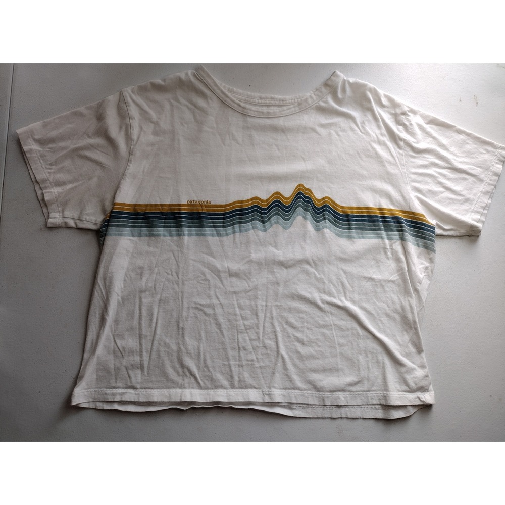 Patagonia White Tee with Yellow and Teal Wave Stripes
